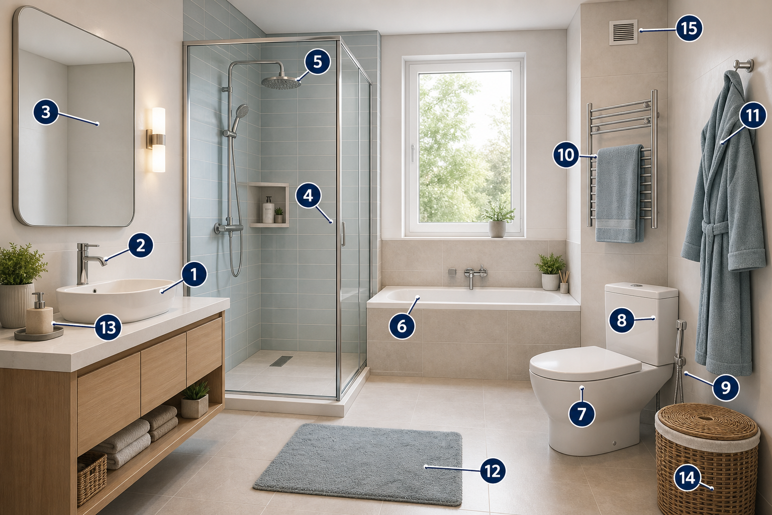 Numaralarla gösterilen banyo eşyaları