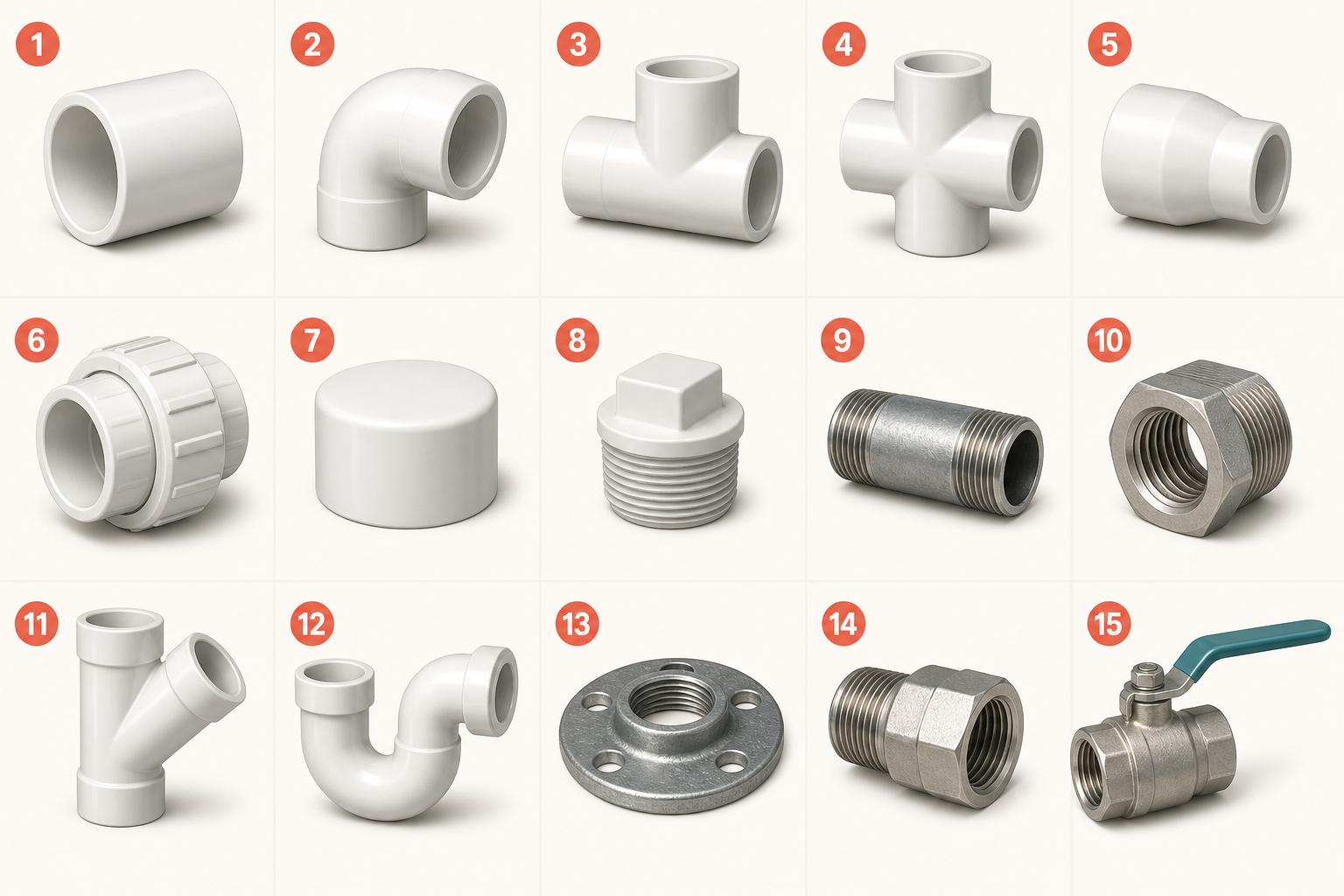 Fifteen common plumbing fittings numbered from 1 to 15