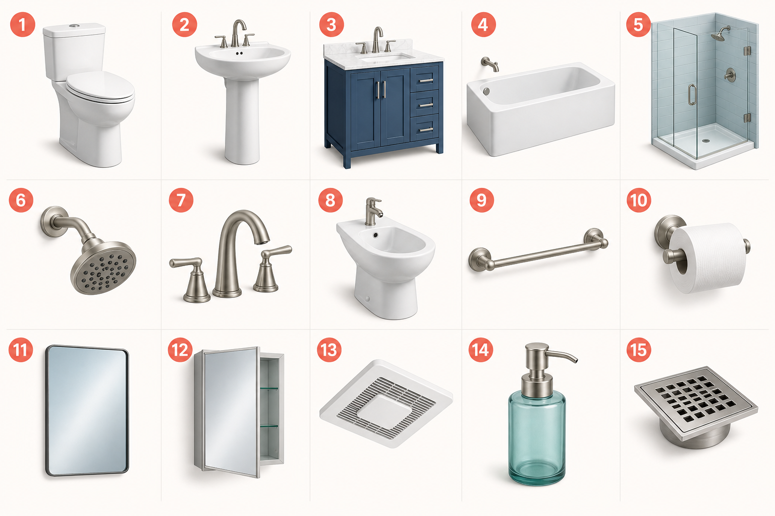 Fifteen bathroom fixtures numbered from 1 to 15