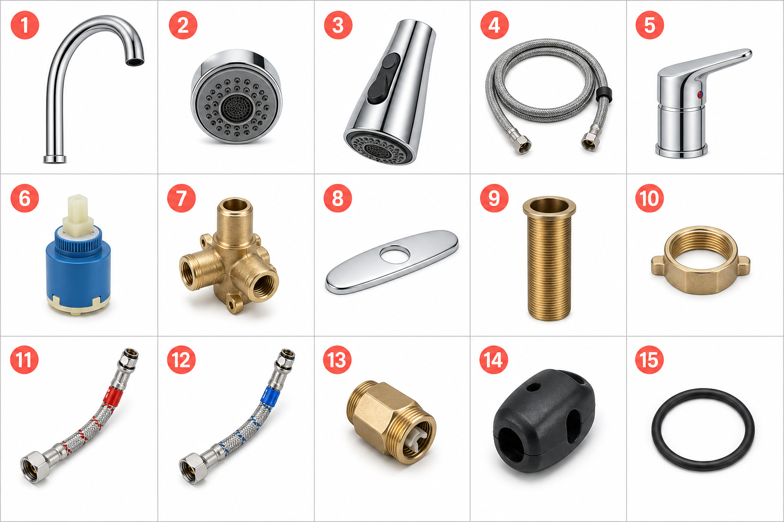 Fifteen kitchen faucet parts numbered from 1 to 15