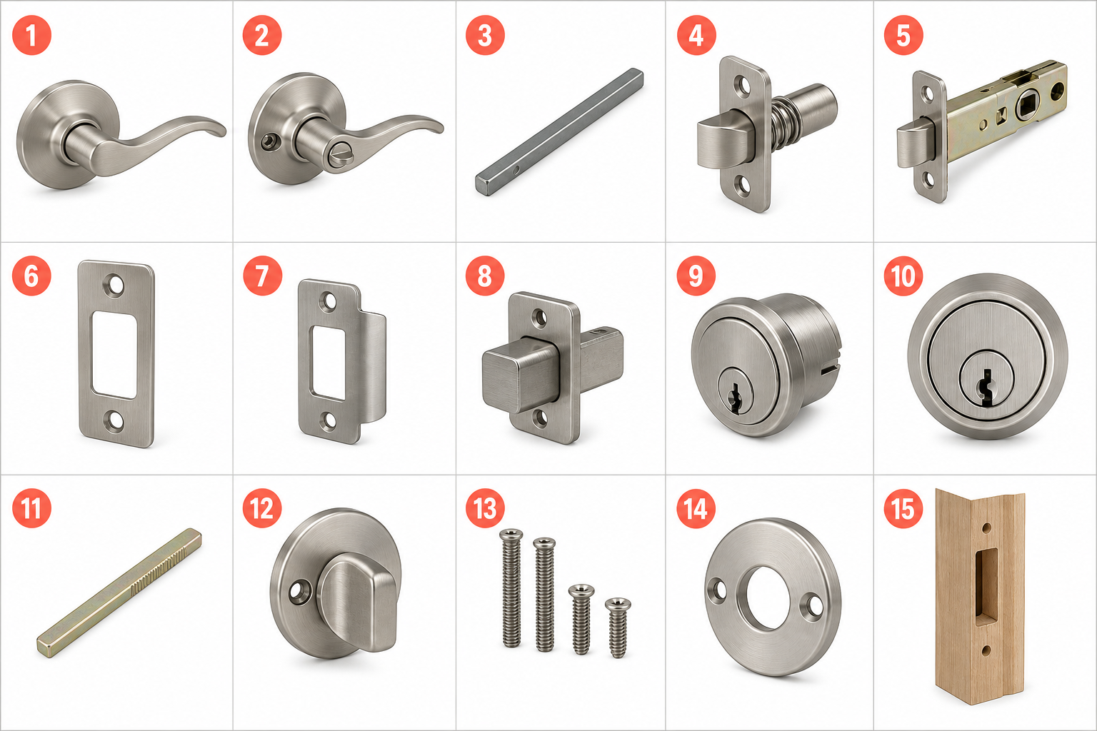 Fifteen residential door lock parts numbered from 1 to 15