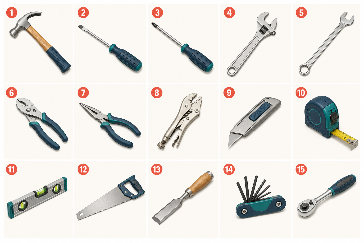 Fifteen common hand tools numbered from 1 to 15