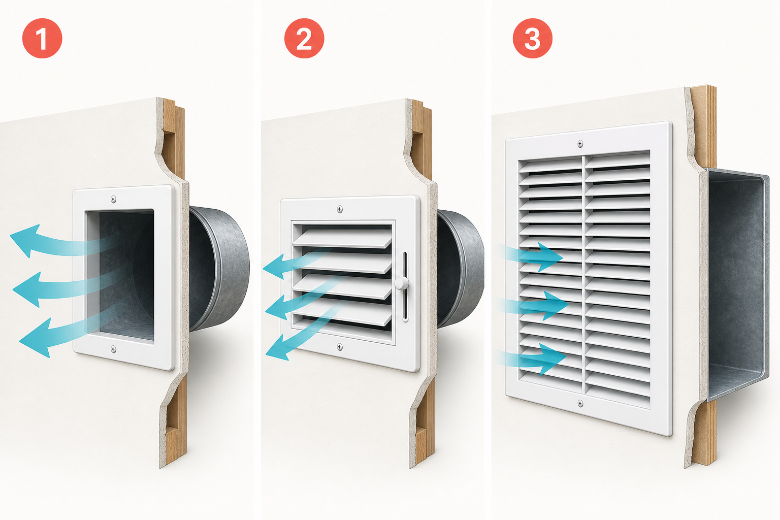 Air vent, adjustable register, and return grille shown side by side
