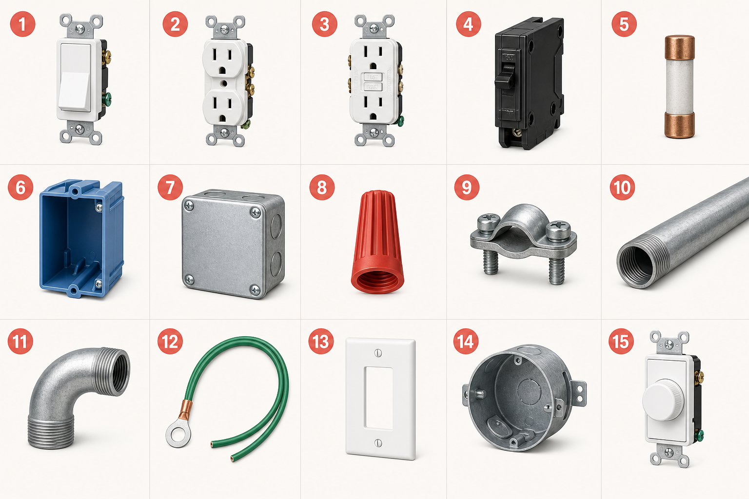Fifteen household electrical parts numbered from 1 to 15