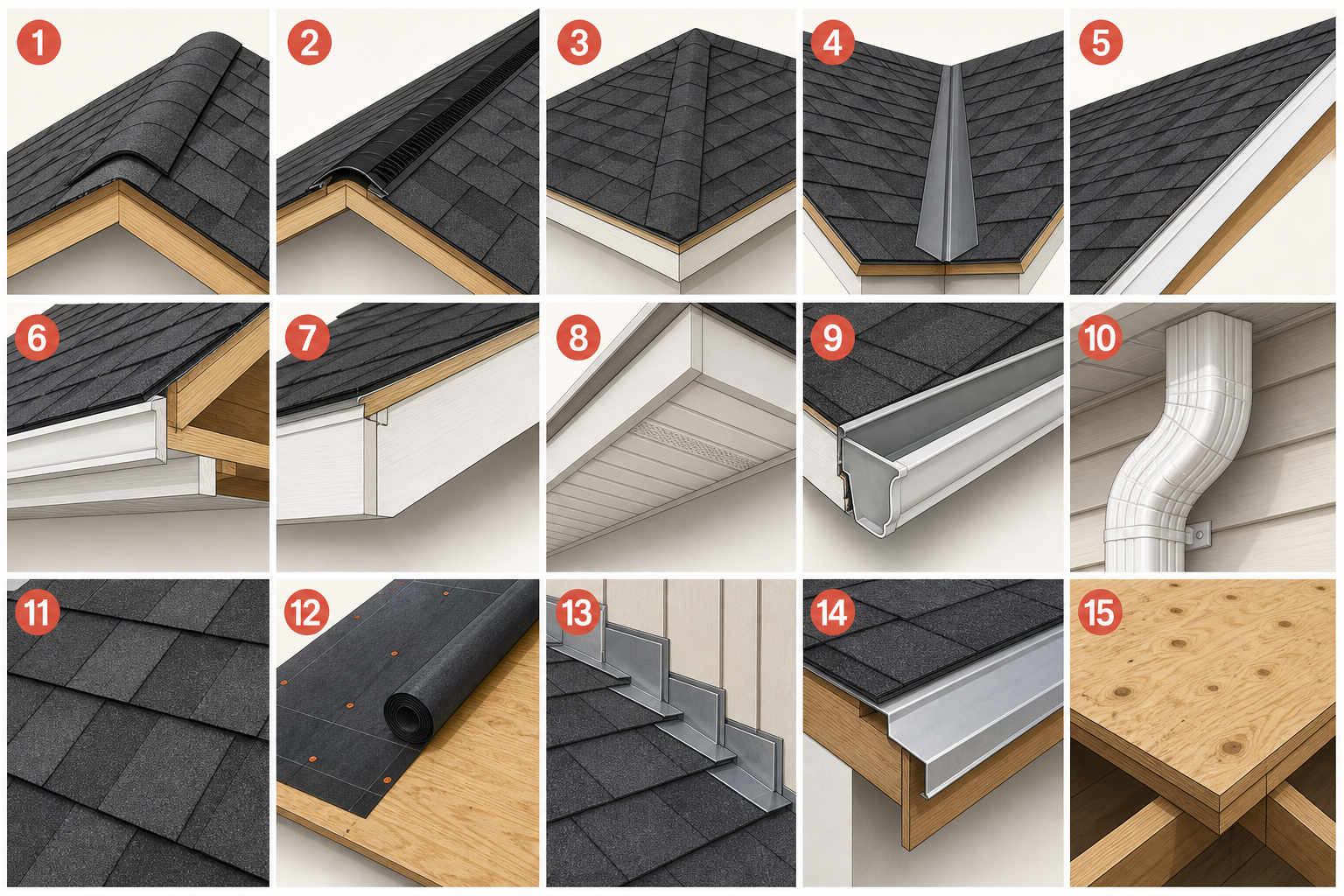 Fifteen residential roof components numbered from 1 to 15