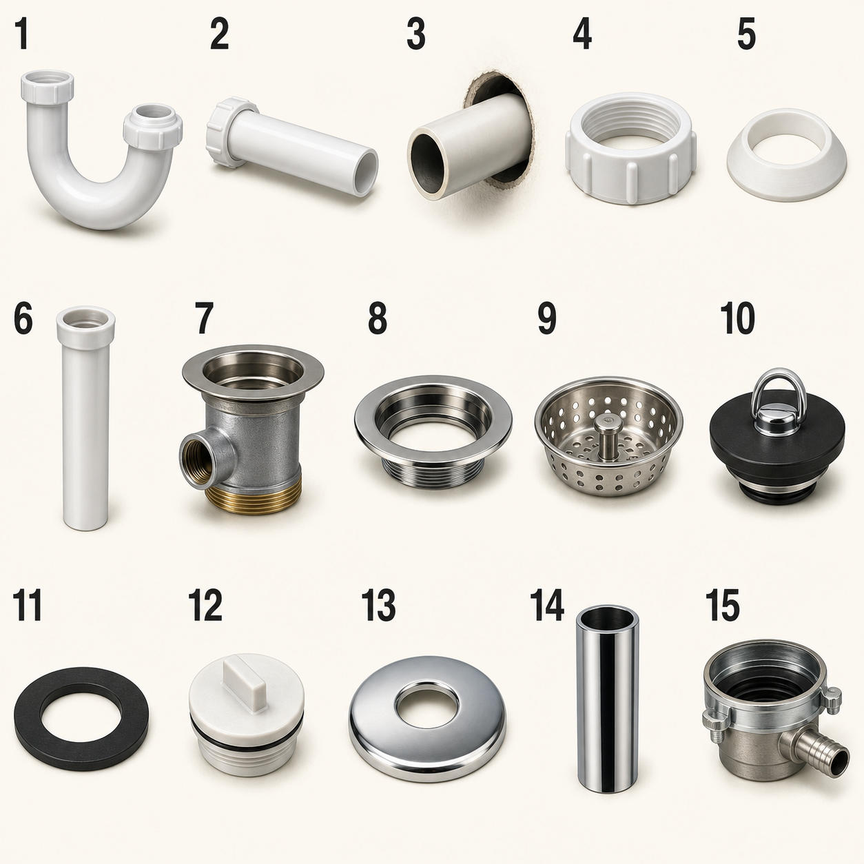 Fifteen parts related to a residential P-trap assembly numbered from 1 to 15