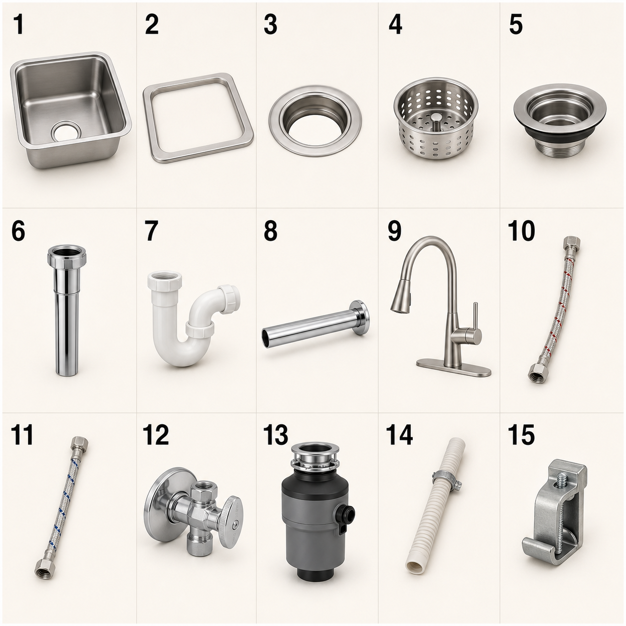 Fifteen kitchen sink parts numbered from 1 to 15