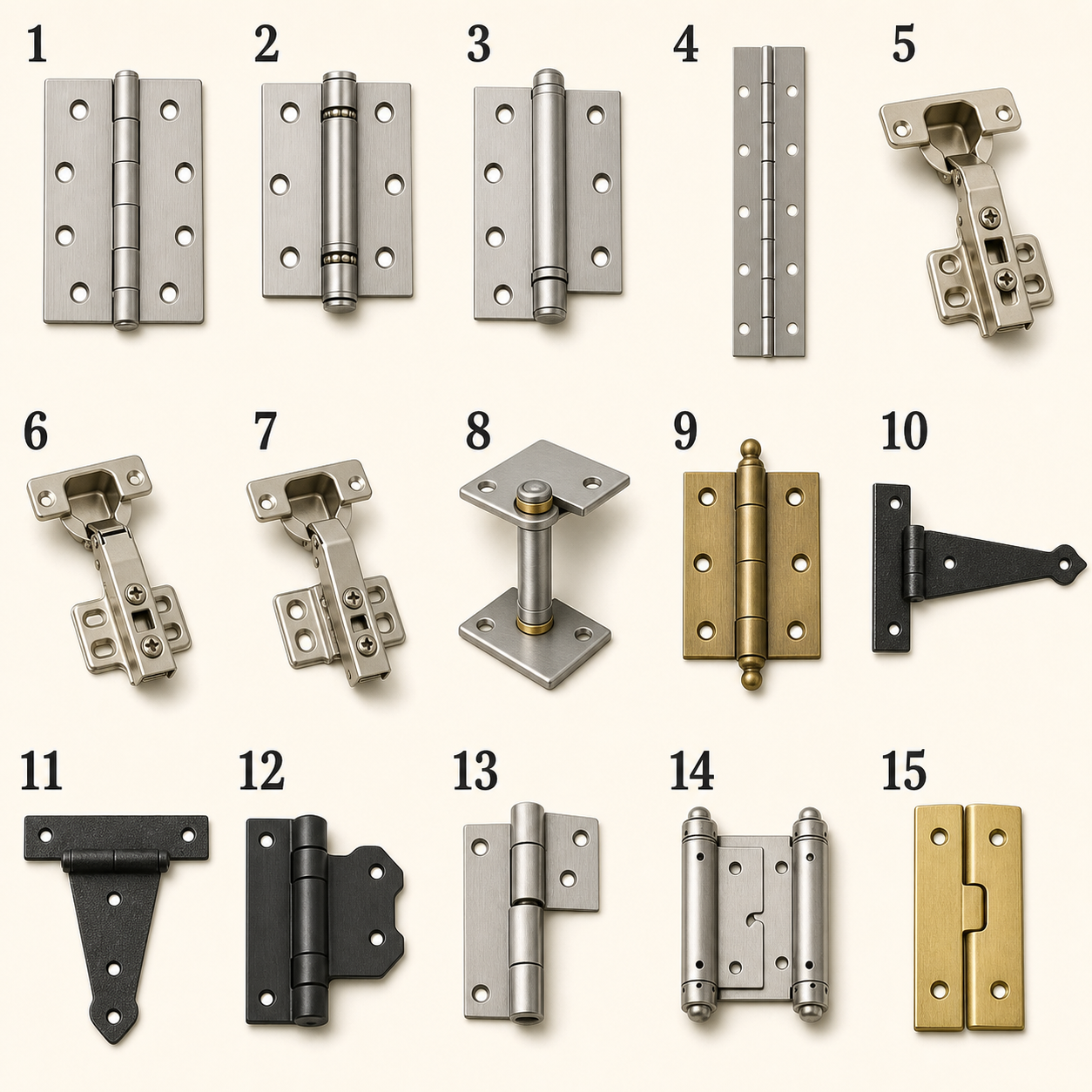 Fifteen types of door and cabinet hinges numbered from 1 to 15
