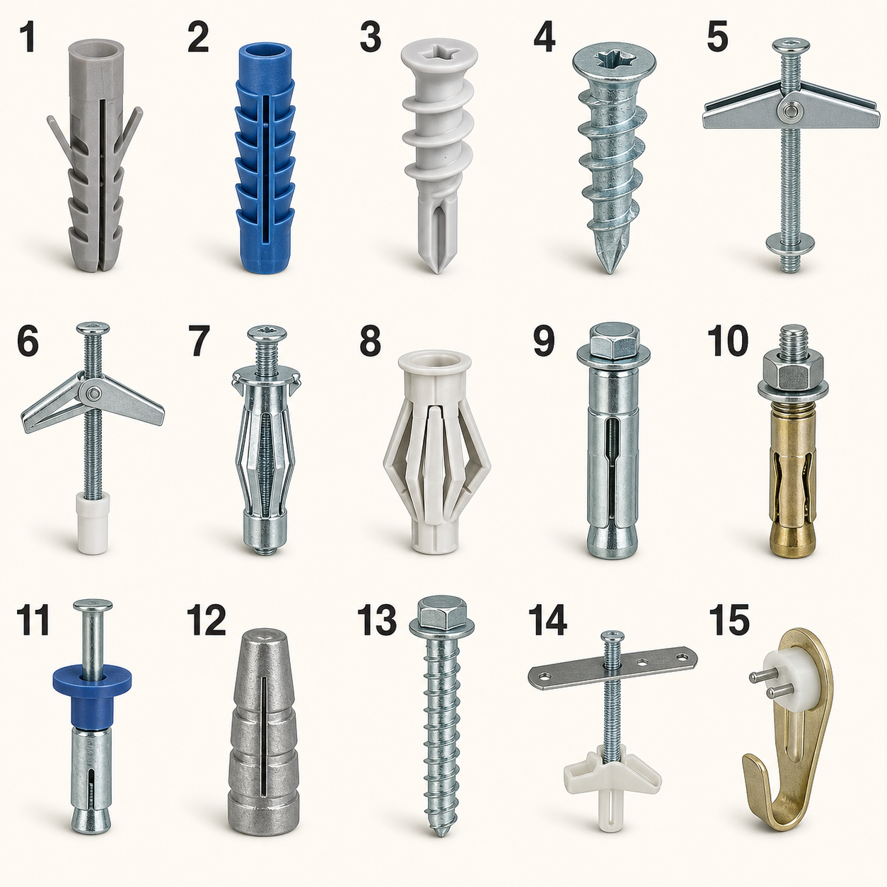 Fifteen types of wall anchors numbered from 1 to 15