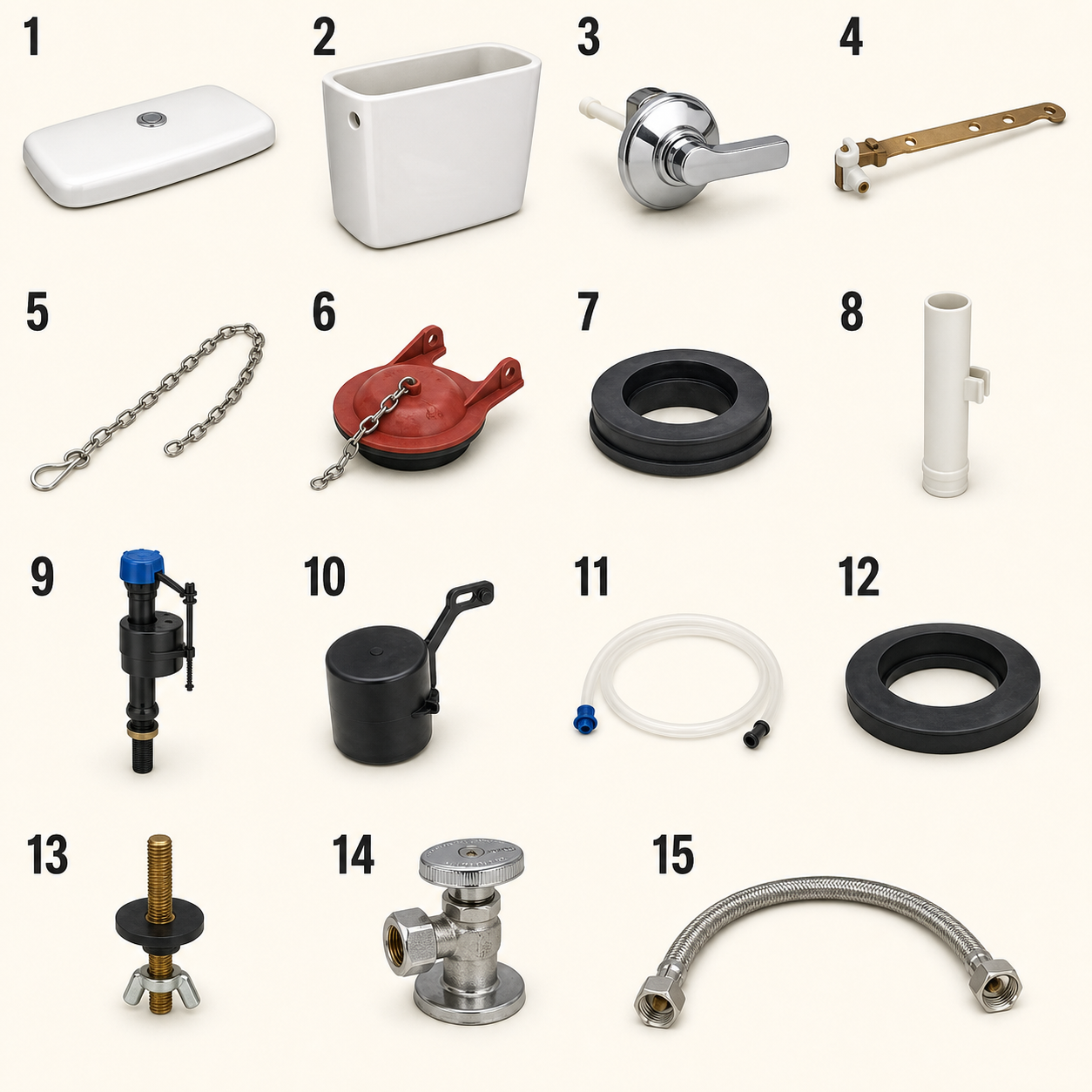 Fifteen toilet tank components numbered from 1 to 15