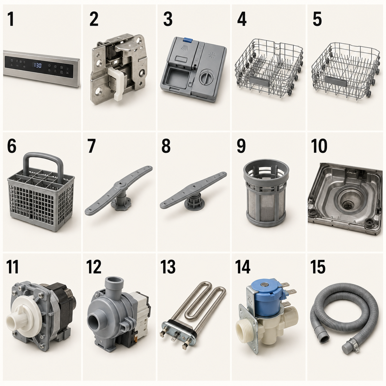 Fifteen dishwasher components numbered from 1 to 15
