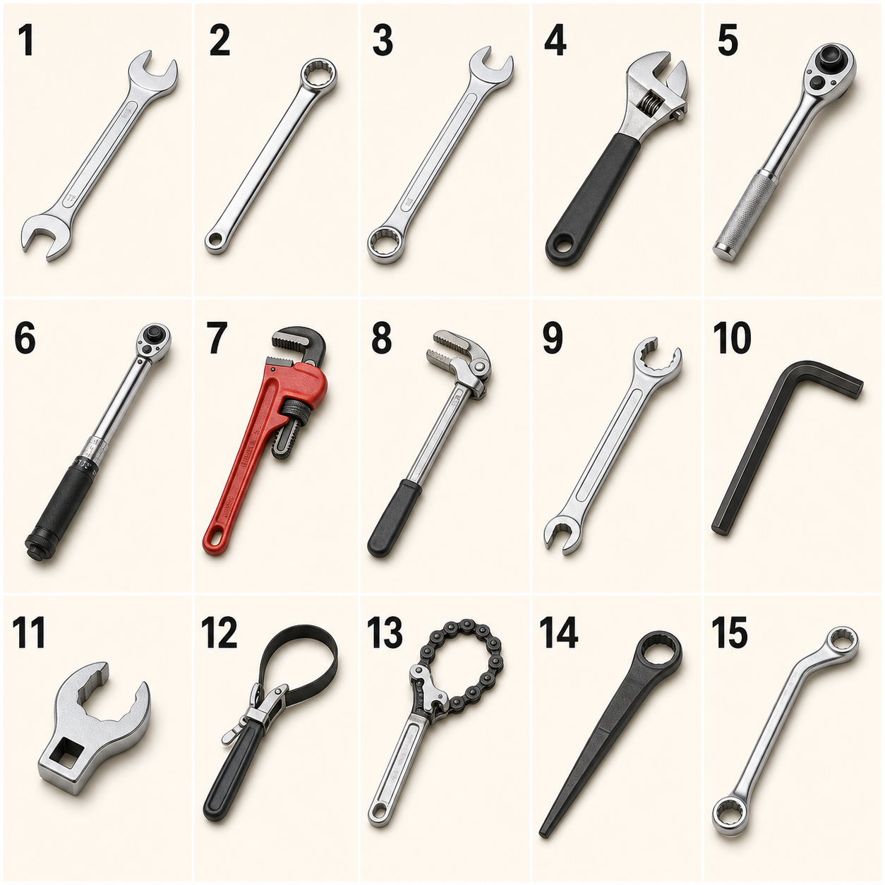 Fifteen types of wrenches numbered from 1 to 15
