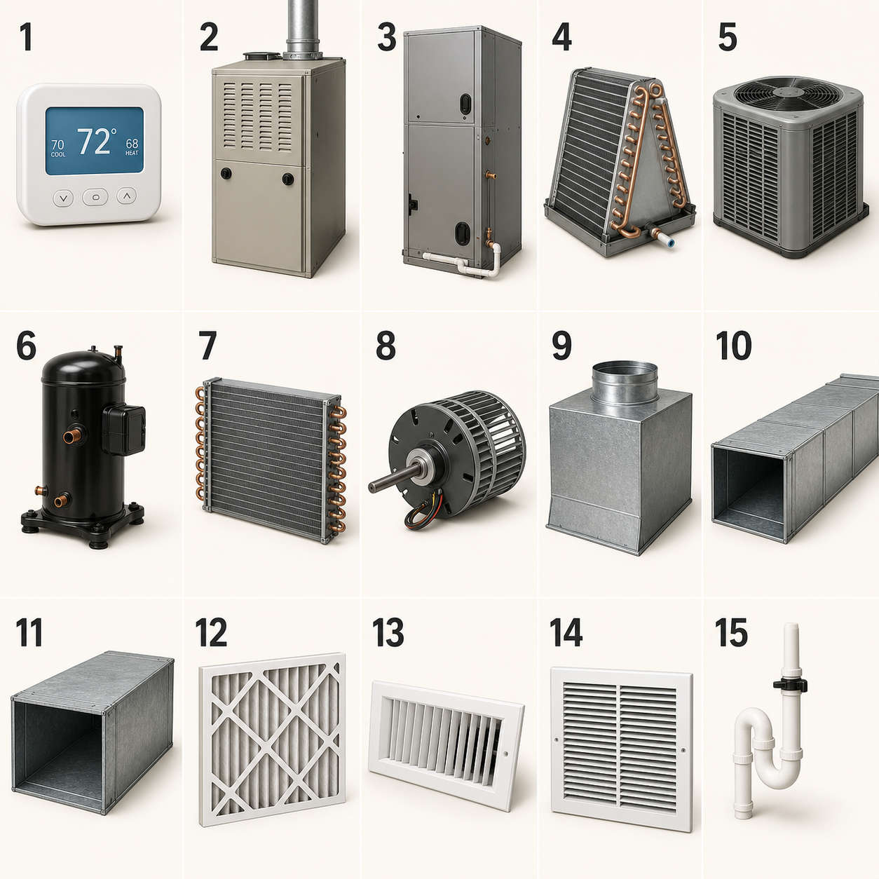 Fifteen home HVAC components numbered from 1 to 15