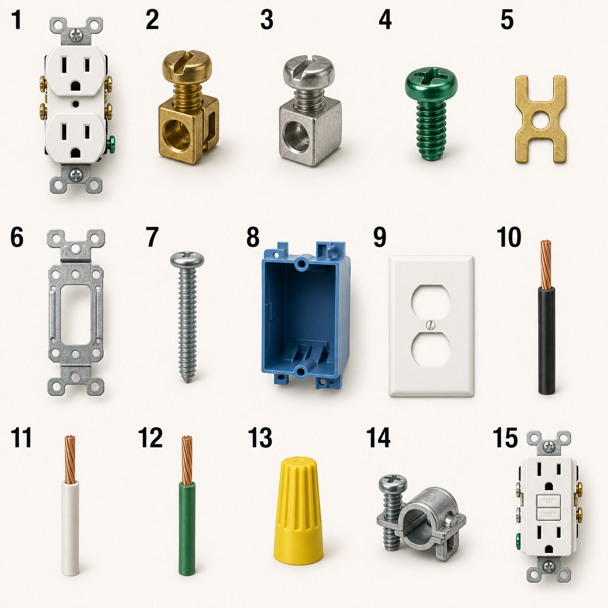 Fifteen electrical outlet parts and related components numbered from 1 to 15