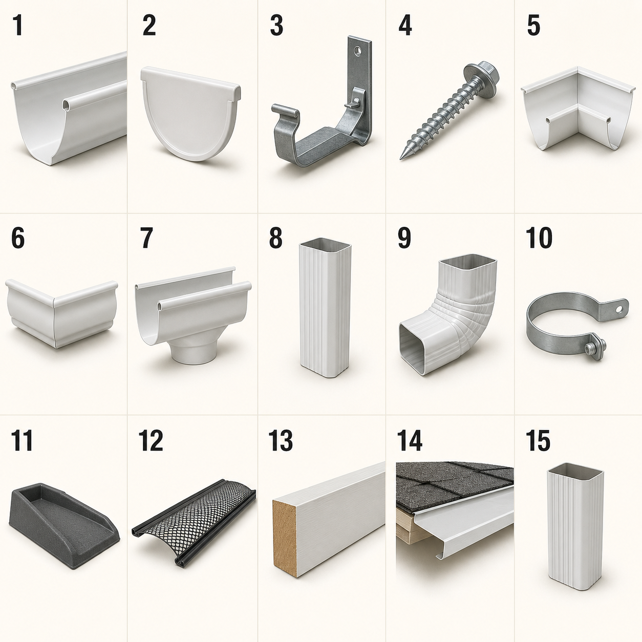 Fifteen rain gutter components numbered from 1 to 15